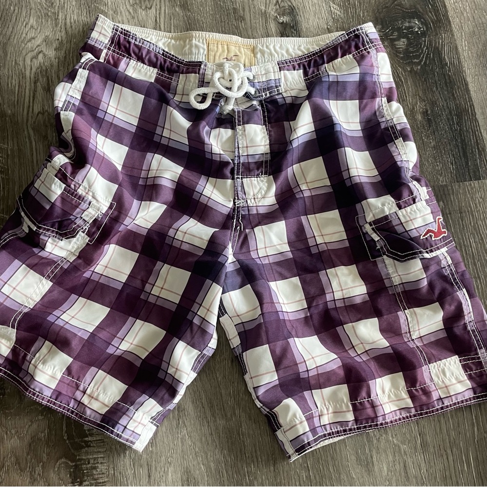 Hollister Men’s Swim Board Shorts, Size Medium, Purple Plaid